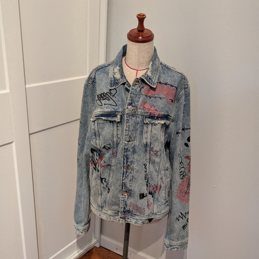 Vintage Guess Dillon Jean Jacket  LARGE Graffiti Distressed